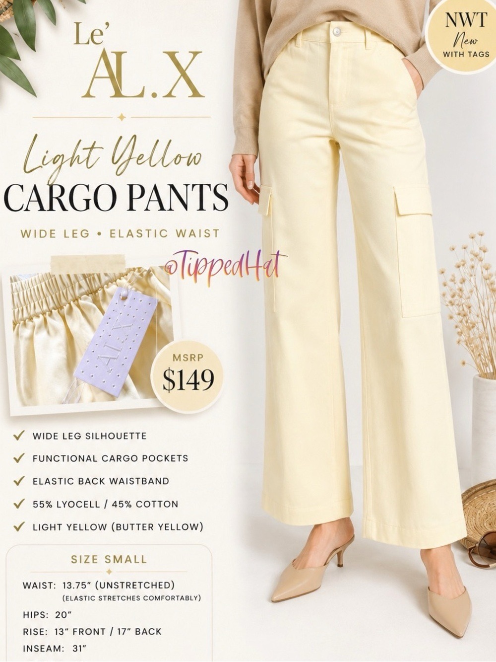 Le’ AL.X Light Yellow Cargo Pants – NWT $149 MSRP